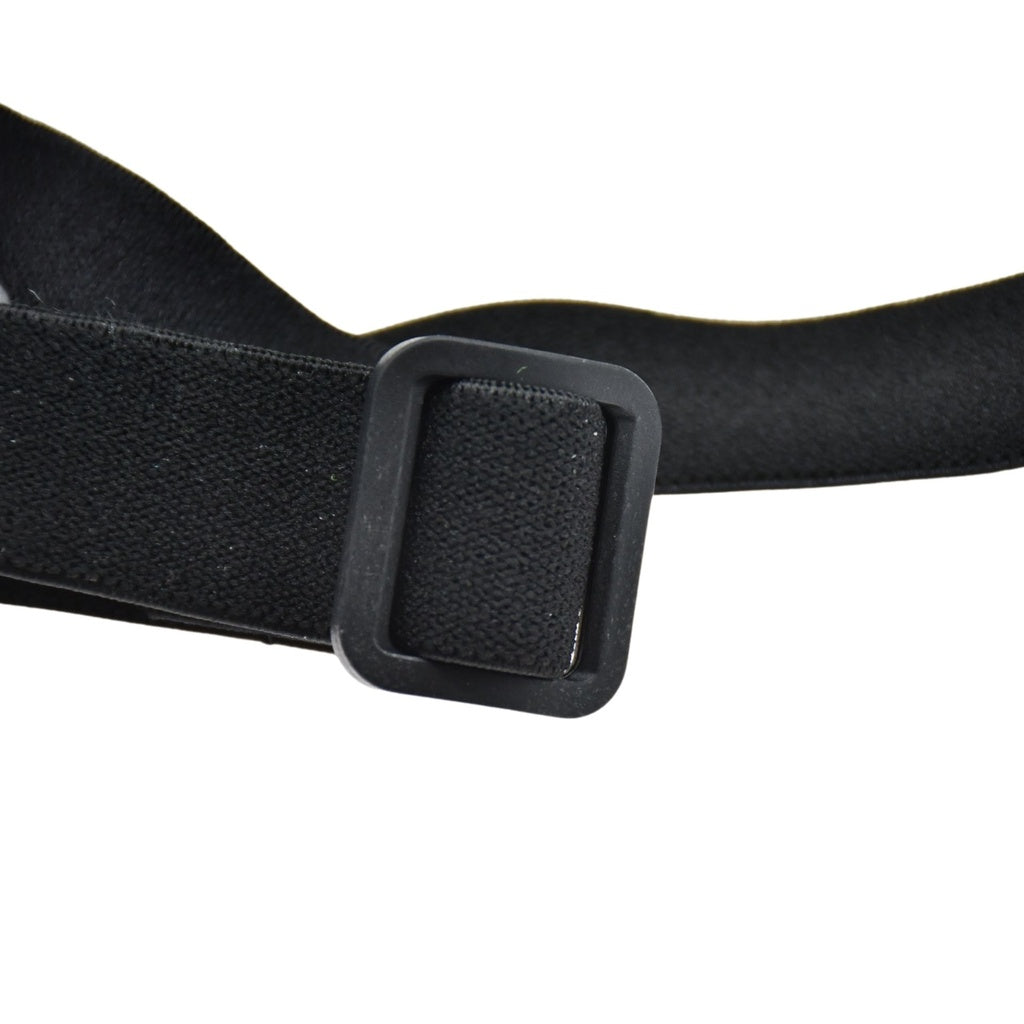 Close-up of a black adjustable strap with a rectangular buckle, designed for the Six Peaks Running LED Chest Lamp by Six Peaks, perfect for securely fastening your outdoor safety light against a white background.