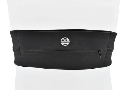 The Six Peaks Running Slim Lightweight Waistband is a black fabric running belt with a zippered pocket and a circular mountain logo, making it the perfect workout accessory. Displayed on a white background.