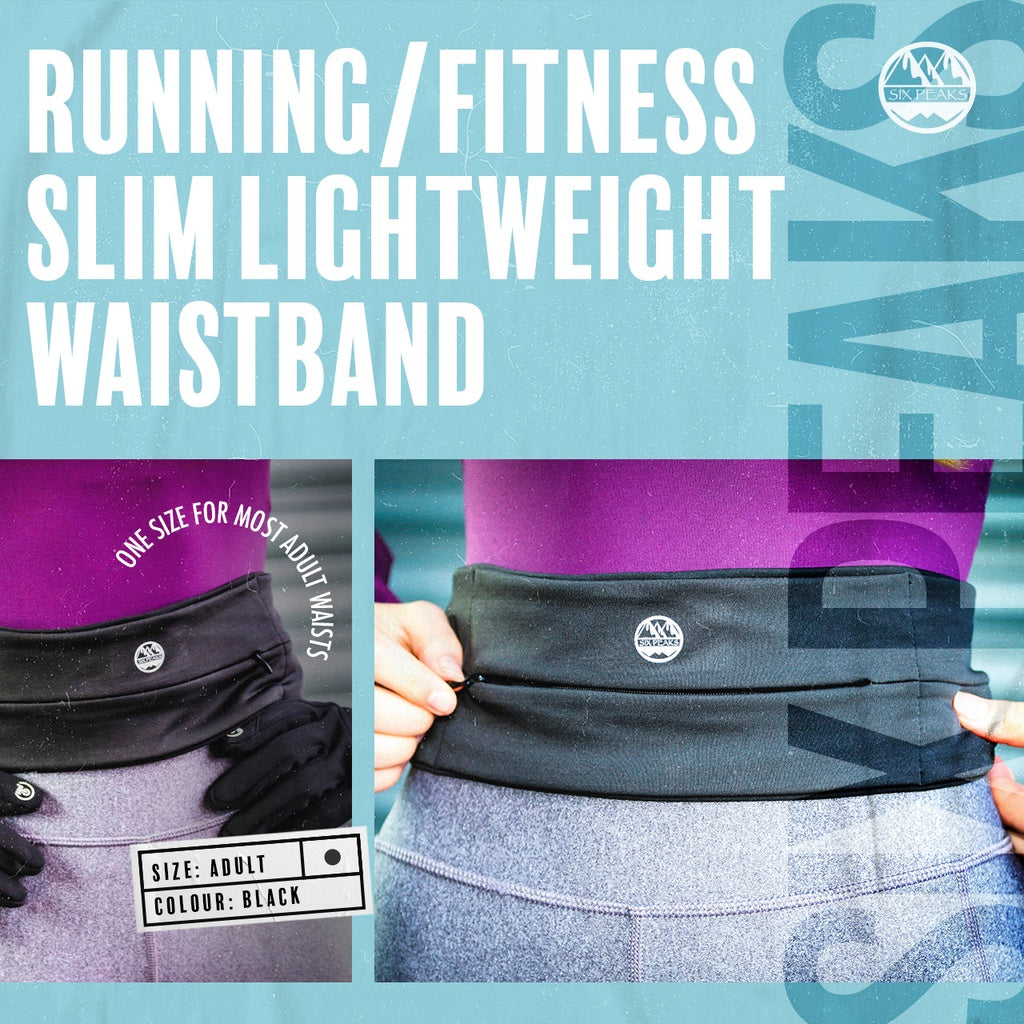 A person wears the Six Peaks Running Slim Lightweight Waistband (black, with visible Six Peaks logo) over purple leggings—ideal for running or workouts. One size fits most adults.