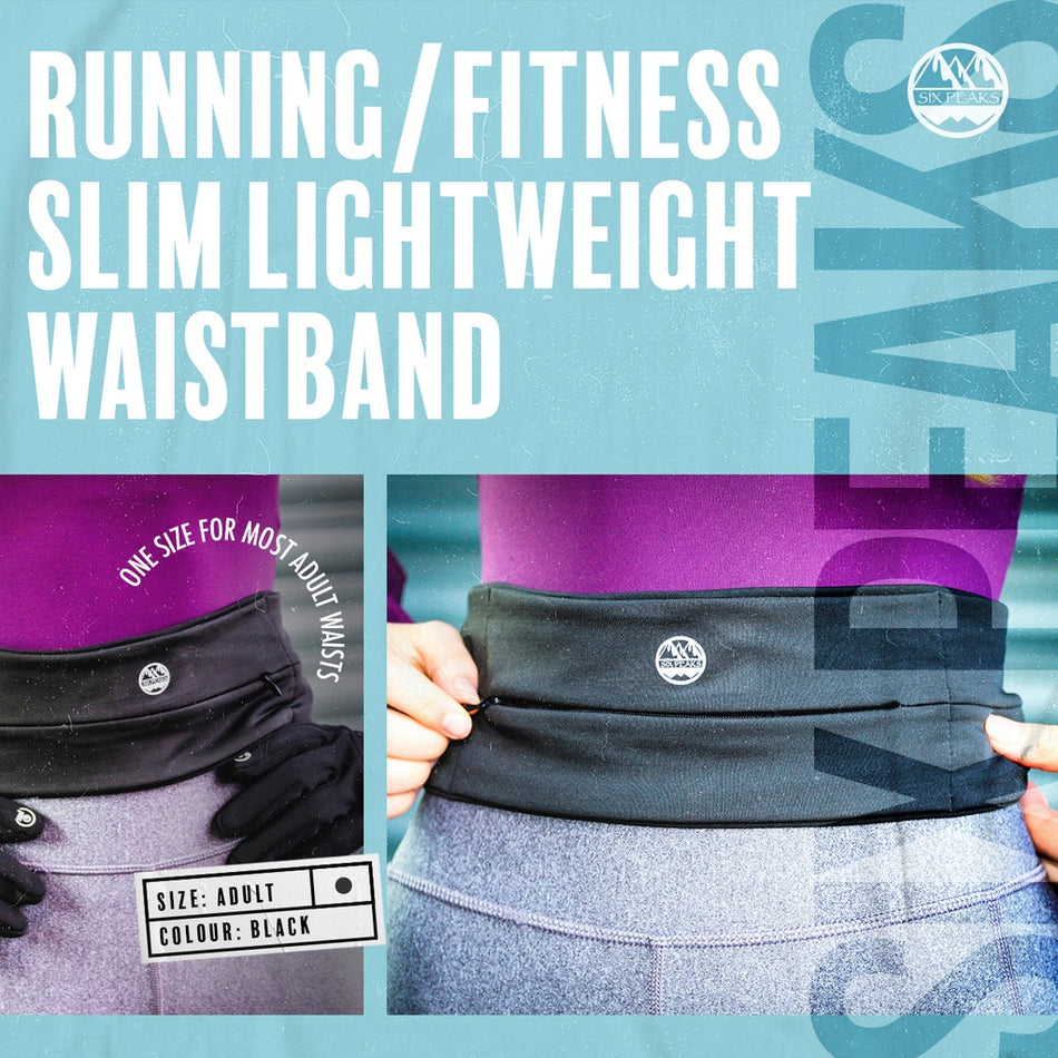 A person wears the Six Peaks Running Slim Lightweight Waistband (black, with visible Six Peaks logo) over purple leggings—ideal for running or workouts. One size fits most adults.