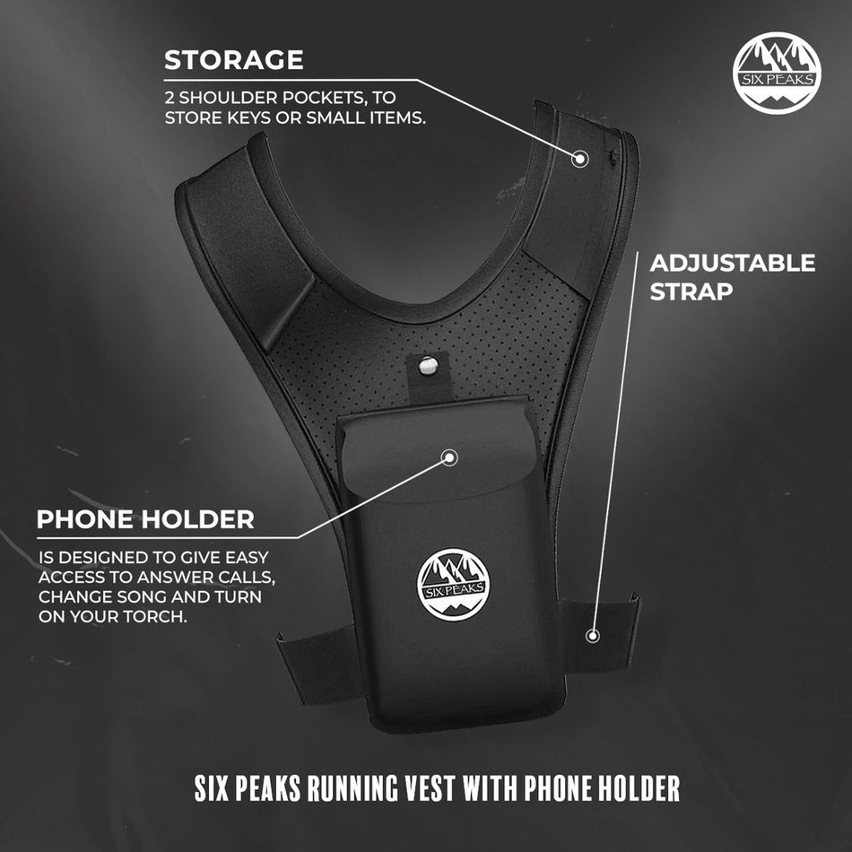 The Six Peaks Running Vest with Phone Holder features reflective details, labeled shoulder pockets, an adjustable strap, and a front phone holder. The Six Peaks logo is on the vest and in the top right corner.