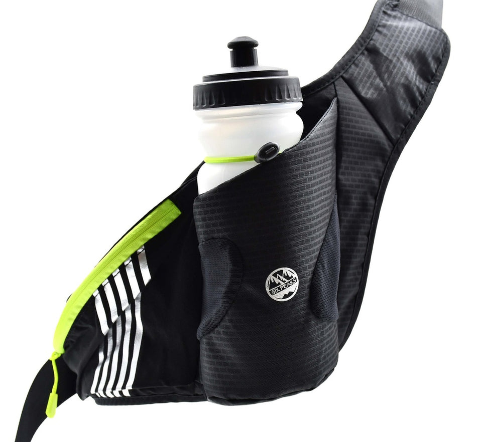 The Six Peaks Running Waist Belt with Bottle Holder is black and gray with a neon yellow zipper, water resistant side pocket, bottle holder for your white bottle, mountain logo on the pocket, and white stripes on the main section.