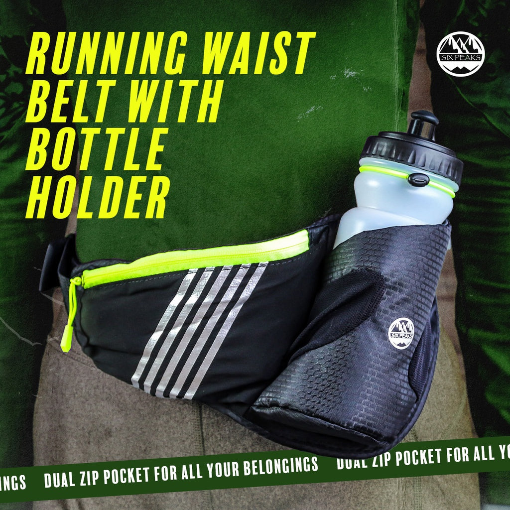 The Six Peaks Running Waist Belt with Bottle Holder by Six Peaks is black, water resistant, has reflective stripes, a dual zip pocket for secure storage, and a bottle holder—perfect for keeping essentials safe on your run.