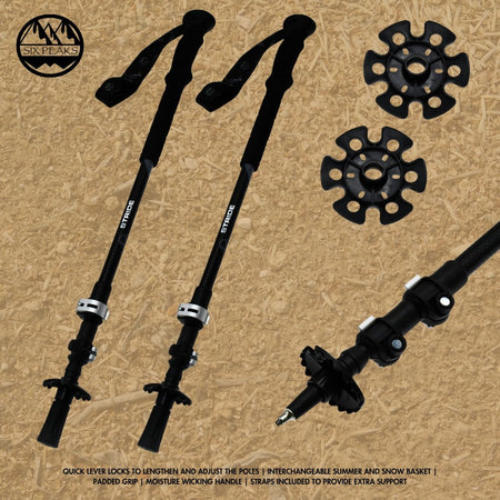 Two black Six Peaks Stride Walking Poles with padded grips, straps, and interchangeable baskets are shown on a cork-textured background—ideal for hiking. The Six Peaks logo appears in the top left corner.