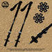 Two black Six Peaks Stride Walking Poles with padded grips, straps, and interchangeable baskets are shown on a cork-textured background—ideal for hiking. The Six Peaks logo appears in the top left corner.