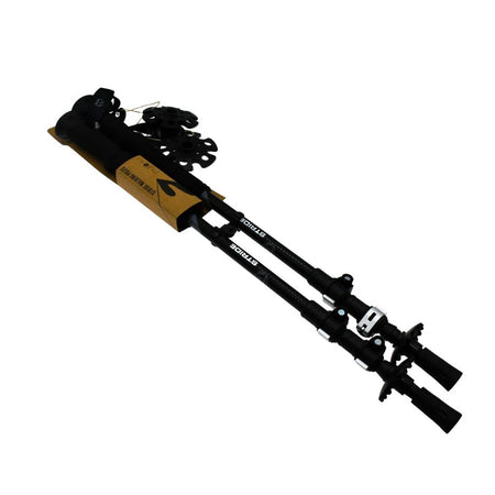 The Six Peaks Stride Walking Poles by Six Peaks feature black adjustable design, wrist straps, extra rubber tips, and baskets on brown cardboard backing—a versatile addition to your hiking gear.