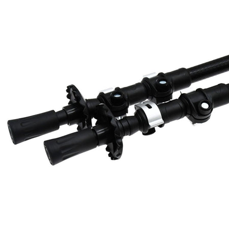 Close-up of Six Peaks Stride Walking Poles—black, adjustable poles with secure locks, rubber tips, and circular grips for stability. Essential hiking gear from Six Peaks for tackling rough terrain.