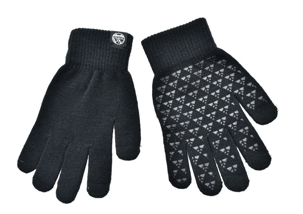 A pair of black Six Peaks Winter Knitted Gloves, with one glove showing a palm side textured grip pattern of small triangles, is displayed on a white background.