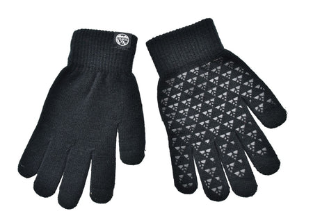 A pair of black Six Peaks Winter Knitted Gloves, with one glove showing a palm side textured grip pattern of small triangles, is displayed on a white background.
