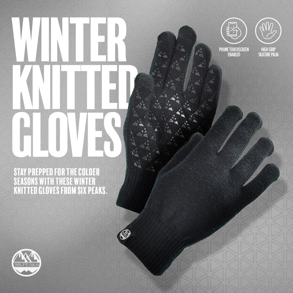Six Peaks Winter Knitted Gloves by Six Peaks are black touchscreen gloves with high-grip silicone palms, shown on a grey geometric background with text showcasing their advanced features.