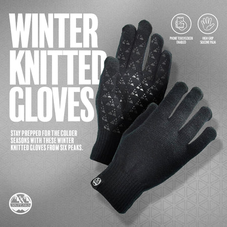 Six Peaks Winter Knitted Gloves by Six Peaks are black touchscreen gloves with high-grip silicone palms, shown on a grey geometric background with text showcasing their advanced features.