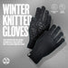 Six Peaks Winter Knitted Gloves by Six Peaks are black touchscreen gloves with high-grip silicone palms, shown on a grey geometric background with text showcasing their advanced features.