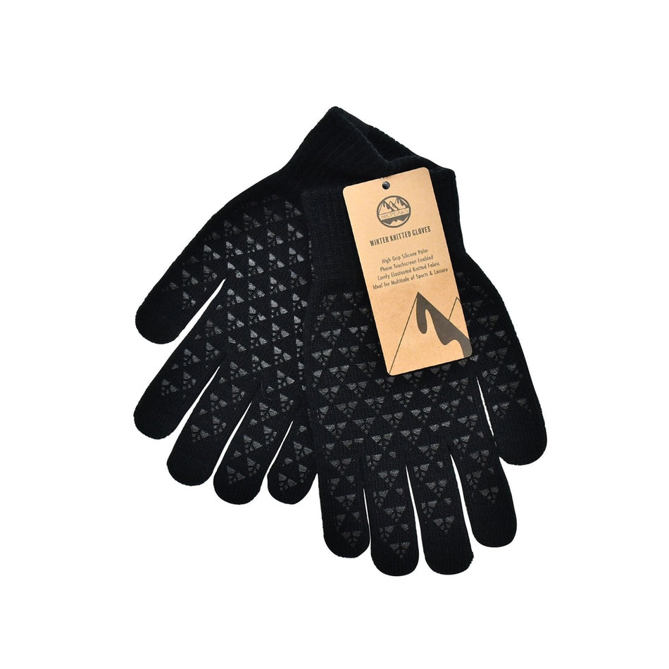 A pair of Six Peaks Winter Knitted Gloves in black with a textured grip pattern, brown product tag featuring text and a mountain logo. These touchscreen gloves by Six Peaks are shown on a white background.