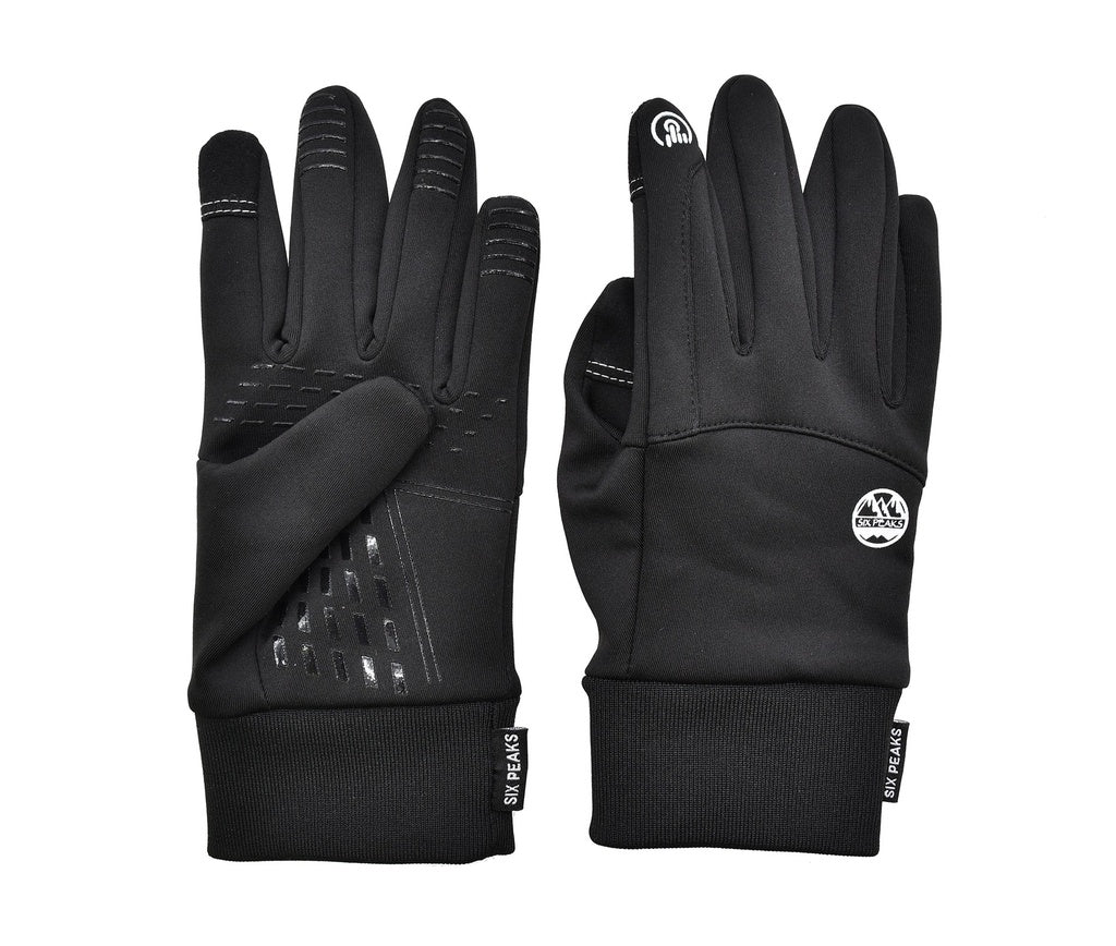 The Six Peaks Winter Thermal Gloves feature a black design with thermal fleece lining, textured palm grip, logo patches on the wrist and back, ribbed cuffs, and visible stitching details.