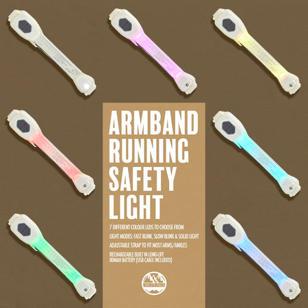 Six Peaks LED Armband Running Safety Light by Six Peaks is shown in six colors around a central box highlighting its rechargeable battery, all set against a brown background.