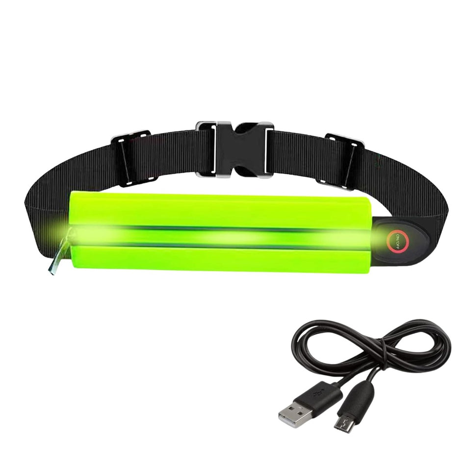 The Six Peaks LED Running Belt features a neon green LED, adjustable black strap, and power button, plus a USB charging cable—ideal for night-time safety and high visibility during outdoor activities.