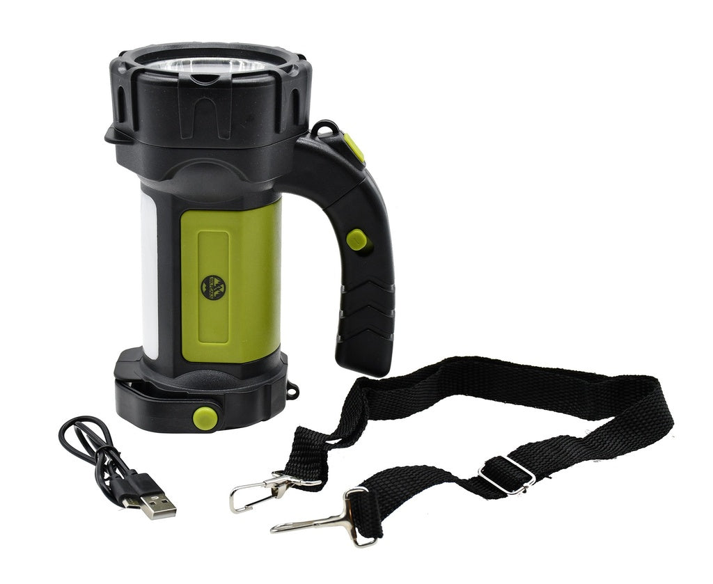 The Six Peaks Multi-function Searchlight Lantern by Six Peaks, shown in black and green with a handle, detachable strap, and USB cable on a white background—ideal as a portable lantern or camping flashlight.