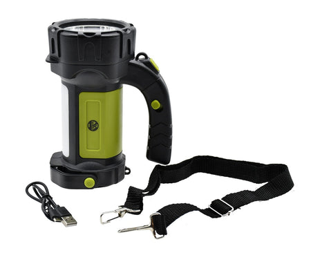 The Six Peaks Multi-function Searchlight Lantern by Six Peaks, shown in black and green with a handle, detachable strap, and USB cable on a white background—ideal as a portable lantern or camping flashlight.