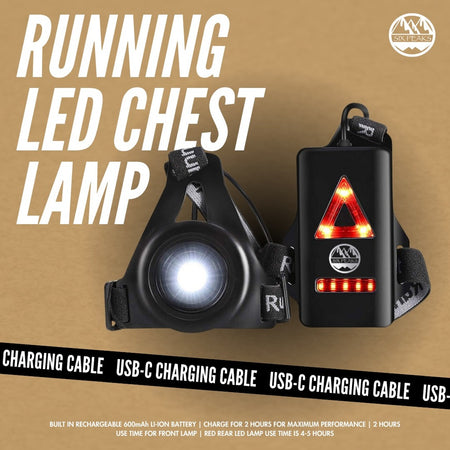 The Six Peaks Running LED Chest Lamp by Six Peaks offers a front lamp with an adjustable strap, rear red LED indicators, USB-C charging, up to 2 hours of front use, and 5-45 hours for the rear—ideal for runners’ outdoor safety.