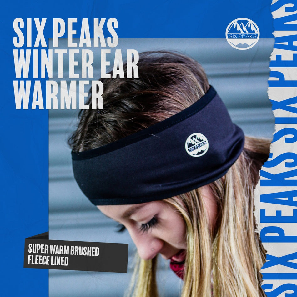 A person in a black Six Peaks Winter Ear Warmer looks down. Text on a blue background reads: "Six Peaks Winter Ear Warmer" and "Super Warm Brushed Fleece Lined," with Six Peaks branding elements.