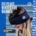 A person in a black Six Peaks Winter Ear Warmer looks down. Text on a blue background reads: "Six Peaks Winter Ear Warmer" and "Super Warm Brushed Fleece Lined," with Six Peaks branding elements.
