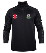 The Gray Nicolls St Philips North CC Pro Thermo Fleece is a black long-sleeve 1/4 zip pullover with a red zipper, club badge and text on the left chest, red logo patch on the right, checkered pattern sleeves, and warm thermo fleece.