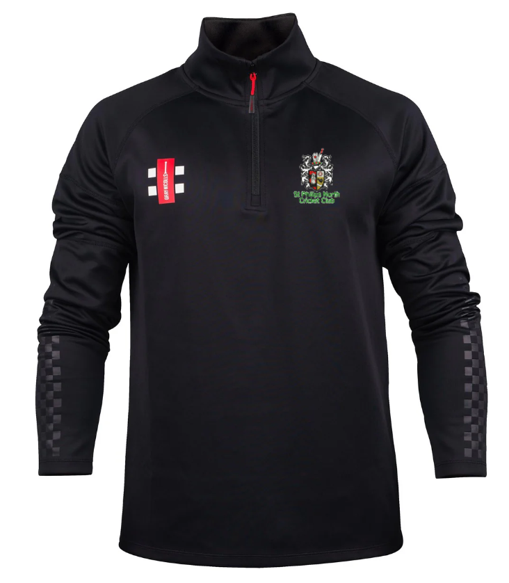 The Gray Nicolls St Philips North CC Pro Thermo Fleece is a black long-sleeve 1/4 zip pullover with a red zipper, club badge and text on the left chest, red logo patch on the right, checkered pattern sleeves, and warm thermo fleece.