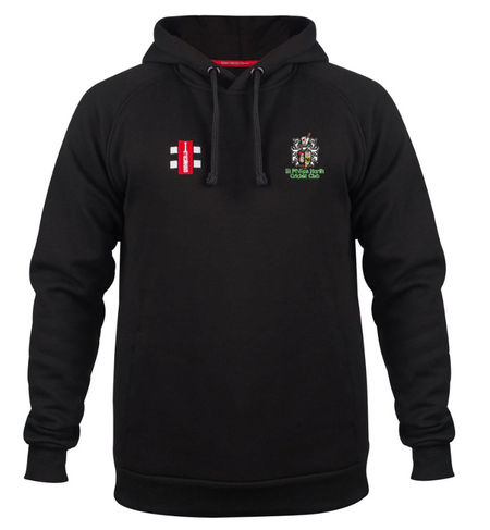The Gray Nicolls St Philips North CC Velocity Hoodie is black with an active fit, drawstring hood, red/white left chest patch, colorful embroidered right chest crest with green text, and made from sustainable cotton.