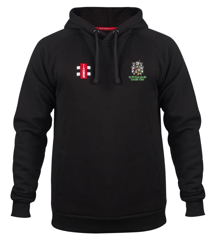 The Gray Nicolls St Philips North CC Velocity Hoodie is black with an active fit, drawstring hood, red/white left chest patch, colorful embroidered right chest crest with green text, and made from sustainable cotton.