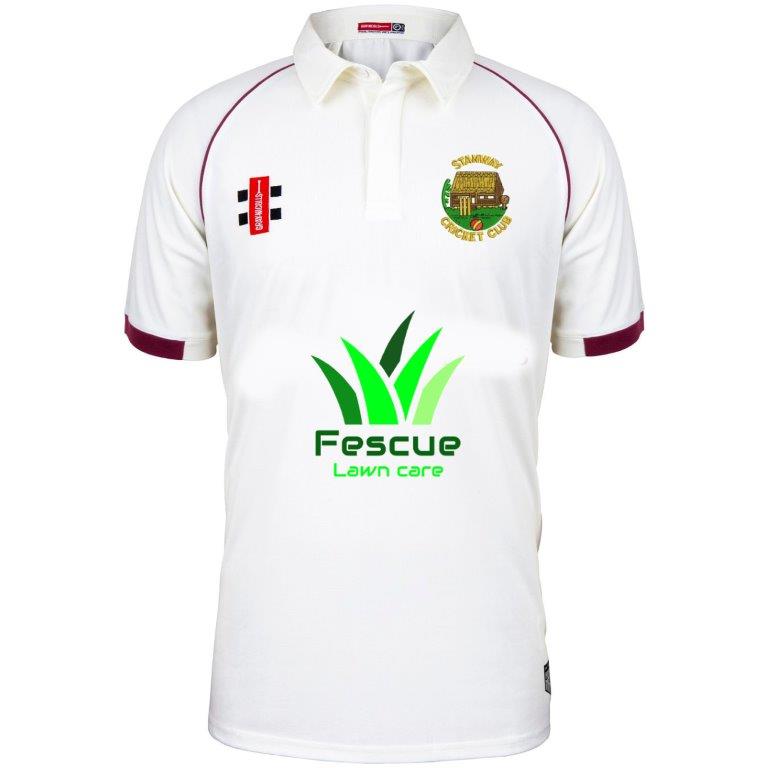 The Stanway CC Matrix V2 Short Sleeve Match Shirt by Martin Berrill Sports is white with maroon trim, a club crest on the chest, green Fescue Lawn Care logo on the front, and a small red-and-black Gray Nicolls emblem on the left upper chest.