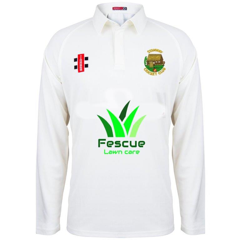 The Gray Nicolls Stanway CC Matrix V2 Long Sleeve Shirt is white with moisture-wicking fabric, features the club crest on the left chest, a small vertical logo on the right, and “Fescue Lawn care” with a green grass graphic at the center front.