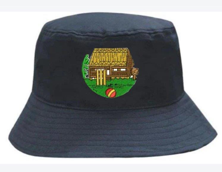 The Stanway CC Breathable Bucket Hat by Martin Berrill Sports is a black polyester hat with an embroidered patch of a thatched-roof house, cricket stumps, bat, and red ball—ideal for any Stanway CC supporter.