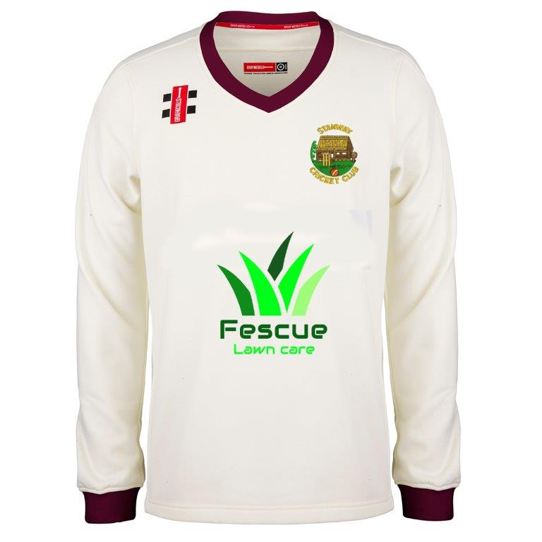 The Stanway CC Pro Performance Sweater by Gray Nicolls is cream-colored polyester with maroon trim, featuring the Standean Cricket Club logo on the chest and a Fescue Lawn Care green sponsor logo on the front.