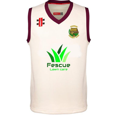 The Gray Nicolls Stanway CC Pro Performance Slipover is a sleeveless white polyester cricket vest with maroon trim, club logo on the left chest, black and red sponsor logos, and a large green Fescue Lawn Care logo in the center.