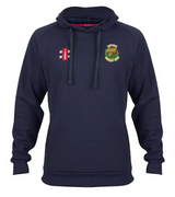 The Gray Nicolls Stanway CC Velocity Hoodie in navy features a front pocket, embroidered crest on the left chest, and a red-and-white rectangular logo on the right. Made from organic cotton for a sustainable choice.