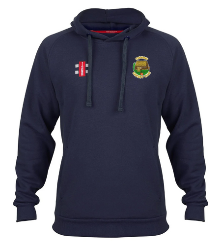 The Gray Nicolls Stanway CC Velocity Hoodie in navy features a front pocket, embroidered crest on the left chest, and a red-and-white rectangular logo on the right. Made from organic cotton for a sustainable choice.