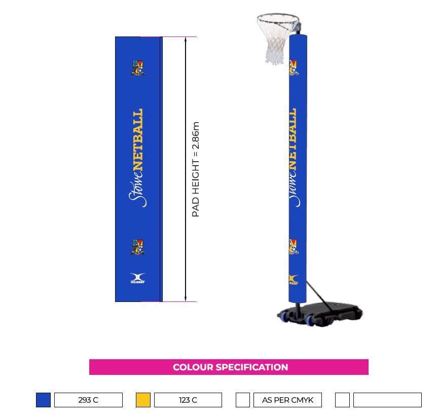 Two views of Gilbert Custom Printed Netball Post Protectors (Pair) with “Store Netball” text and crest. Pad height: 2.86m. Shown in blue (293 C) and yellow (123 C) swatches at the bottom. Brand: Gilbert.