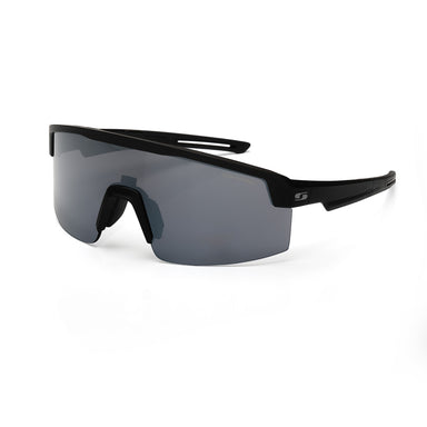 Sunwise Stride (with Anti Fog) by Sunwise: sleek black sports sunglasses with a single large, dark-tinted lens, angular frame, and small white logo on the side arm. Shown against a plain white background.