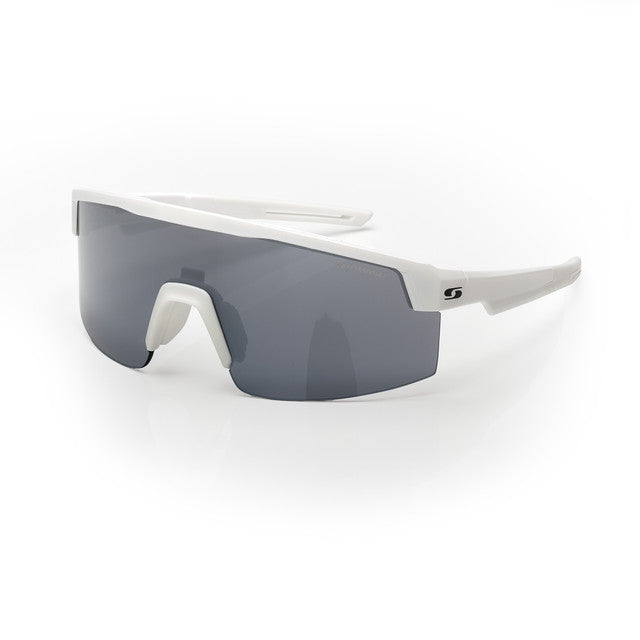 Sunwise Stride (with Anti Fog) by Sunwise: white cricket sunglasses with a single wraparound dark lens, thick white frame, and small black S logo on the right arm. Displayed against a white background.