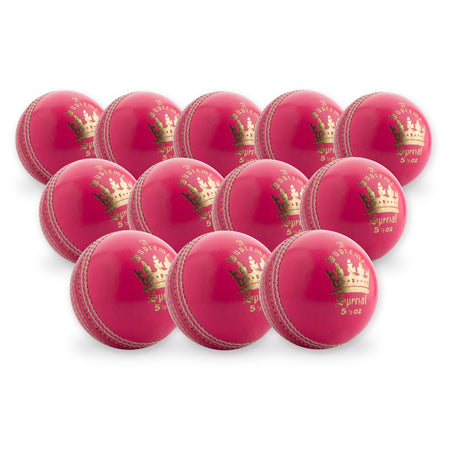 Twelve MBS Supreme Special Pink Senior - Twelve Pack bright pink cricket balls, each a four-piece match ball featuring a gold crown logo, arranged in a triangle.