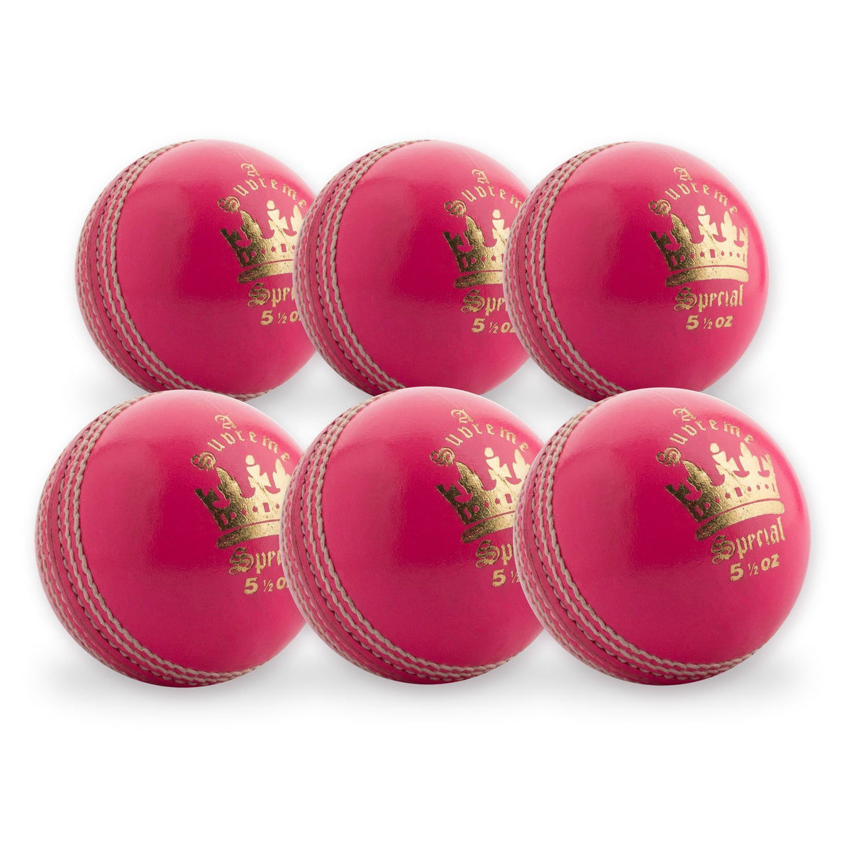 Six MBS Supreme Special Pink Senior - Six Pack bright pink four-piece cricket balls arranged in two rows, each featuring a prominent white seam and a gold crown logo with the text Special 5 1/2 oz.