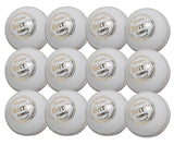 Twelve MBS Supreme Crown cricket balls by Martin Berrill Sports are neatly arranged in rows. Each features gold and black branding, visible stitched seams, and comes in a convenient duffle bag.
