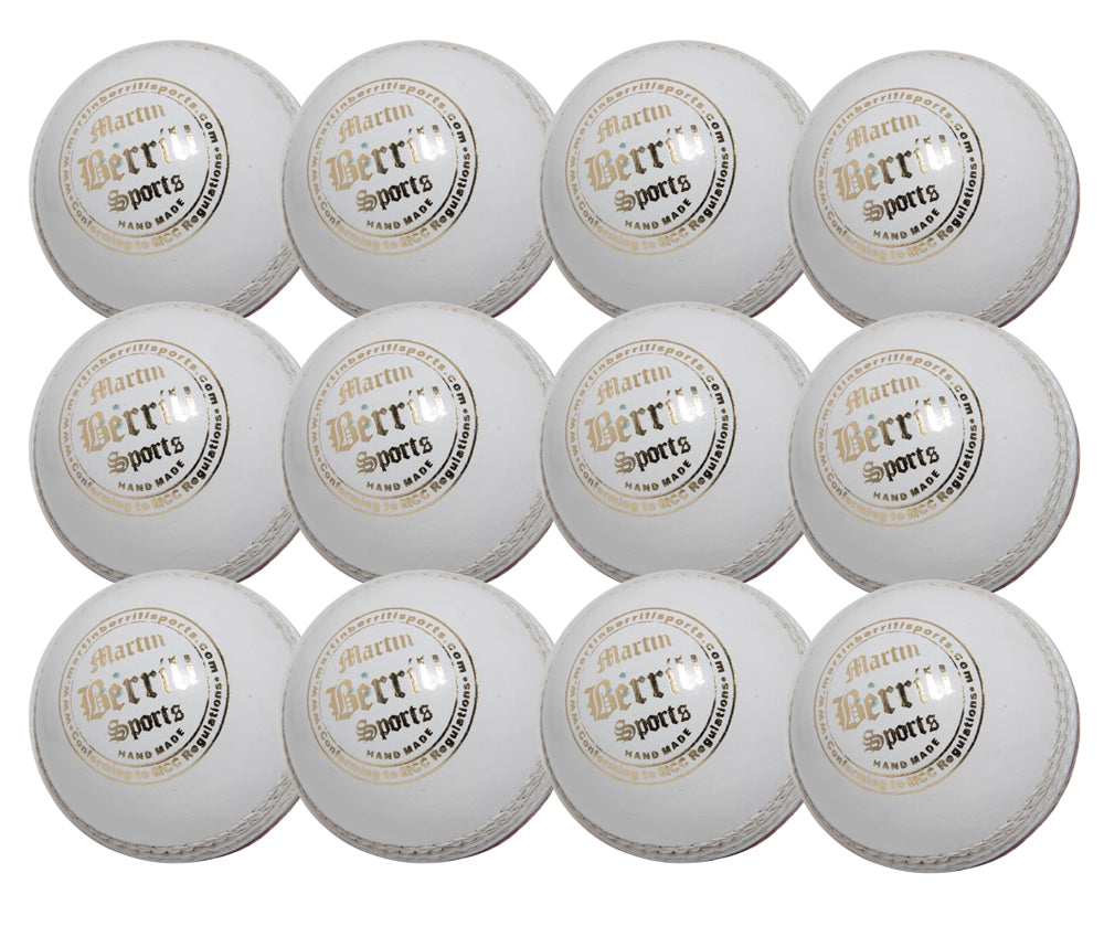 Twelve MBS Supreme Crown cricket balls by Martin Berrill Sports are neatly arranged in rows. Each features gold and black branding, visible stitched seams, and comes in a convenient duffle bag.