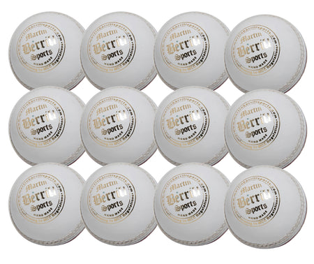 Twelve MBS Supreme Crown cricket balls by Martin Berrill Sports are neatly arranged in rows. Each features gold and black branding, visible stitched seams, and comes in a convenient duffle bag.