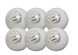 The MBS Supreme Crown Six Pack features six white leather cricket balls with gold and black Martin Berrill Sports branding, arranged in two rows on a plain white background—ideal for training sessions.