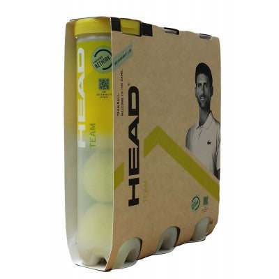 A cardboard package of 12 Head Team Tennis Balls from Head, featuring a black-and-white photo of a man on the right side and yellow balls visible through the packaging.