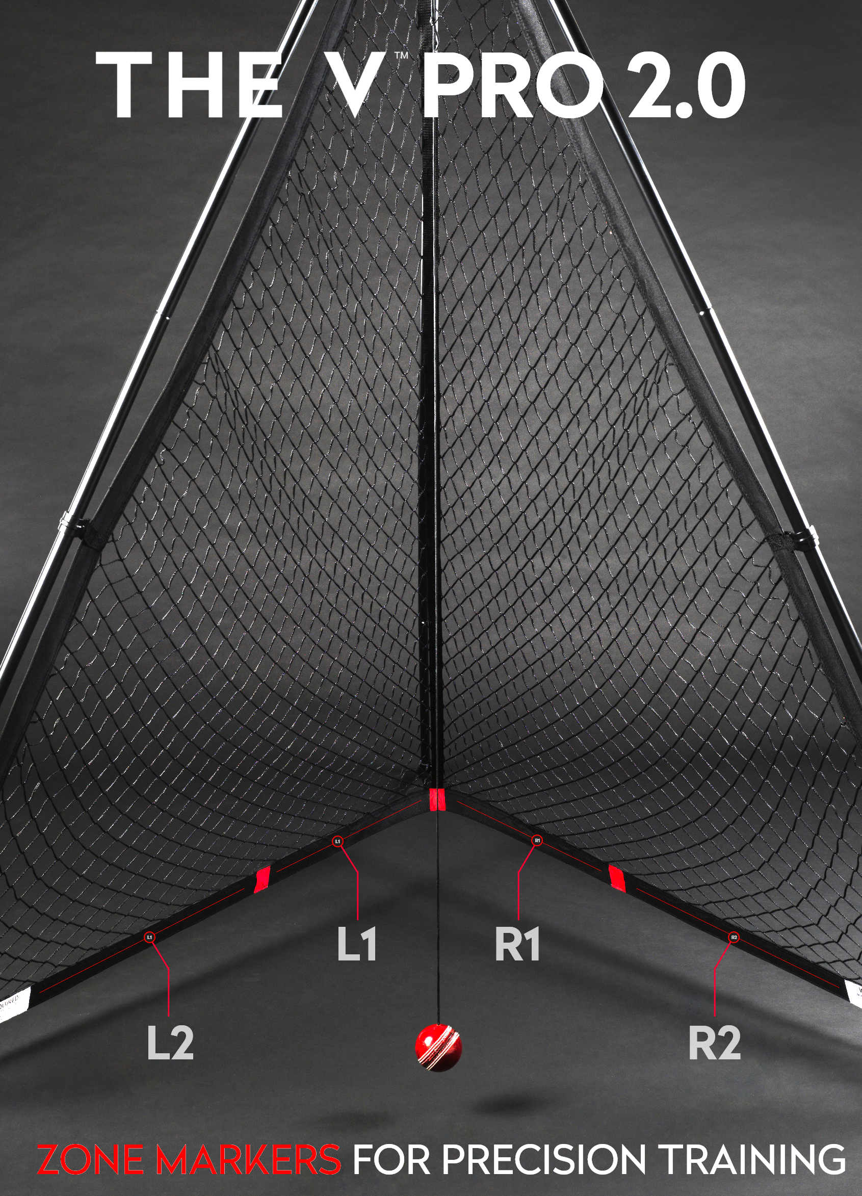 The V Pro 2.0 by The V is a V-shaped cricket training net featuring red and white zone markers (L1, L2, R1, R2) and a hanging red ball—ideal for precision training and enhancing your batting skills.