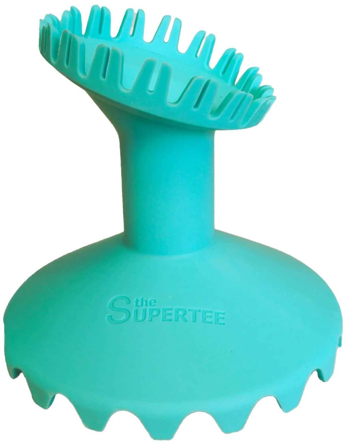 The Dan Carter Kicking Tee - Supertee Throne - Blue is a plastic rugby kicking tee with a wide, round base and flexible upward prongs for easy ball placement. The word "SUPERTREE" is embossed on its base. Brand: Dan Carter.