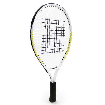 The Mastersport Tennis Racket by Mastersport features a white frame, oversized head, black grip, yellow side accents, and a large black M on the strings. It stands upright against a white background—ideal for educational settings.