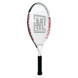 The Mastersport Tennis Racket by Mastersport features a white frame with black grip, red accents, an oversized head, and black strings arranged in a bold W pattern at the center.